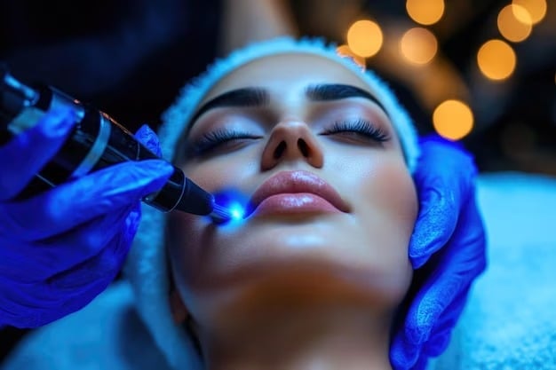 Woman receiving facial treatment with blue LED light therapy device, eyes closed, wearing protective gloves